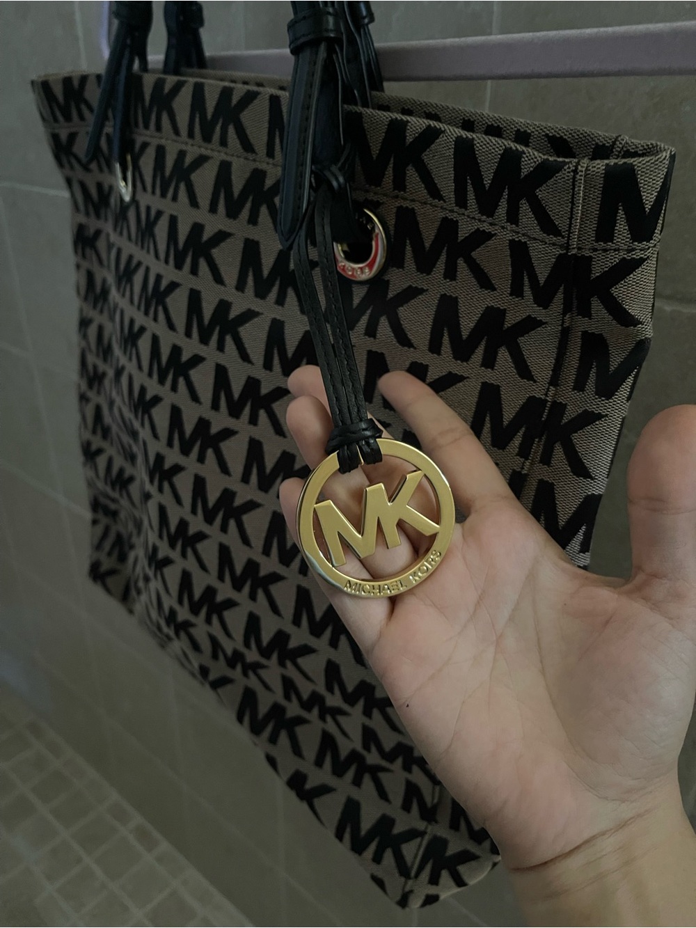 Michael Kors Brown MK Logo Tote with Black Handles and Gold Hardware - Picture 3 of 6